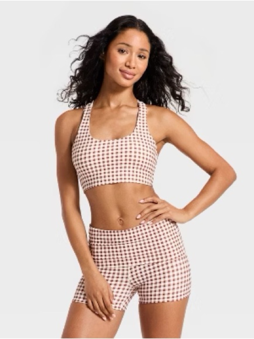 joylab brown and white sports bra and shorts set medium